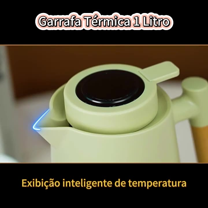 Garrafa Térmica de água / Café 1 Litro Com Termômetro Led Para Chás / Café Design Moderno Cabo Madeira