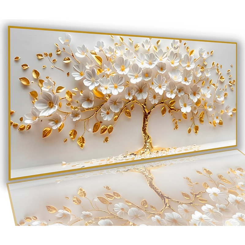 Quadro Decorativo Arvore Da Vida Grande Ouro Branco Luxo Sala Quarto 110x70