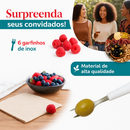 Kit Petisqueira Redonda + 6 Garfos Para Frios e Queijos Gamela MDF