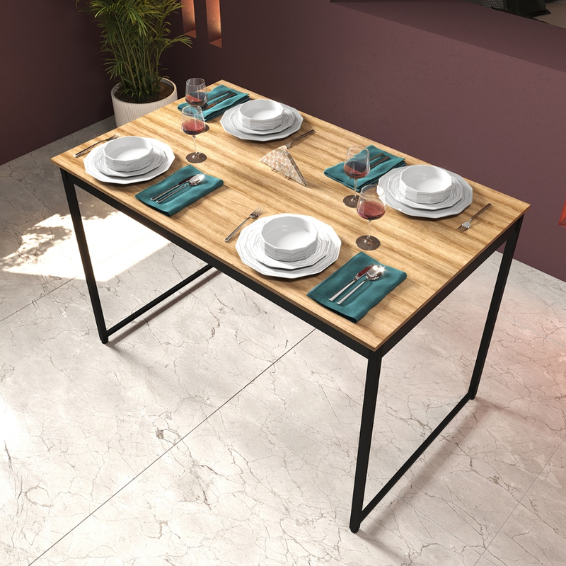Mesa de Jantar Industrial 4 Lugares Cozinha 105 x 45 cm com Tampo de Madeira e Pés Metal ShoopMaga