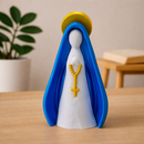 Escultura Decorativa Nossa Senhora Moderna com Manto Azul e Halo Dourado